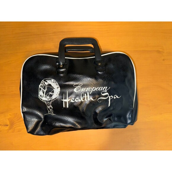 Vintage 14" x 11" European Health Spa Black Leather Gym/Tote Bag VTG 70s - Picture 1 of 10
